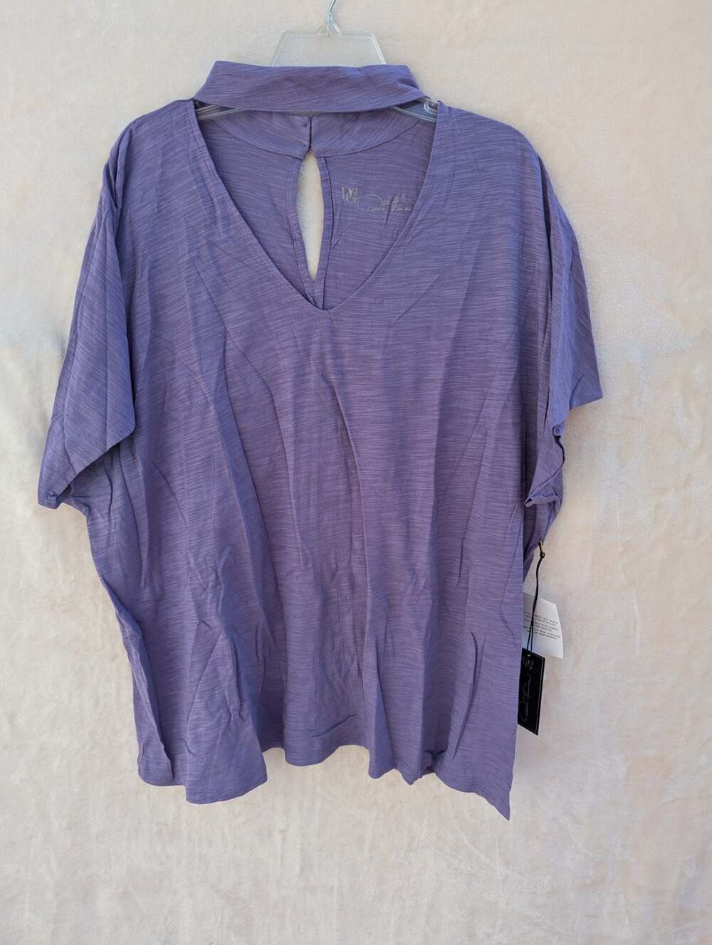 DG2 Diane Gilman Purple Short Sleeve Mock Neck Cutout Tee
